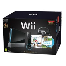 Nintendo Wii Console (Black) with Wii Sports + Mario Kart and Black Wii Wheel + Motion Plus Controller (Wii)