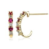 18k Yellow Gold Plated Sterling Silver Created Ruby and Diamond Accent Half-Hoop Earrings