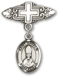 Sterling Silver Baby Badge with St. Anselm of Canterbury Charm and Badge Pin with Cross