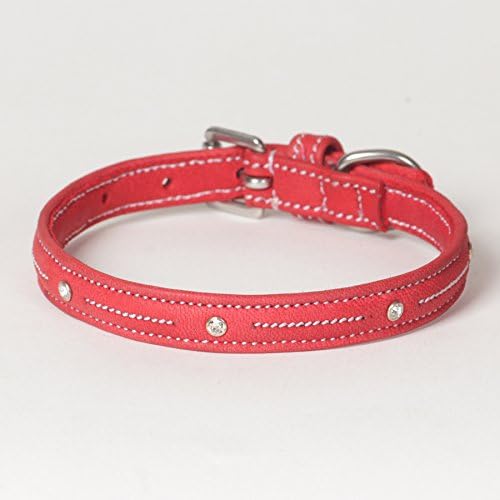 X-Small Rhinestone Soft Red Napa Leather Padded "Swarovski Jewel" Dog Collar; Fits 10" - 12" Neck Size