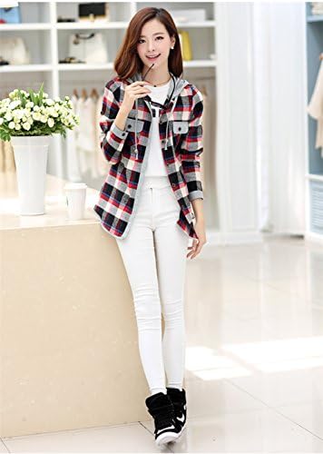 Rozzy K Womens Pocket Button Down Casual Plaid Hoodie Shirt Slim Fit Top Blouse XX-Large Red and Grey