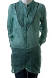 Trinity Caftan Lacy Bib Long Sleeve Button Down Silk Cotton Blend Tunic Top Sage