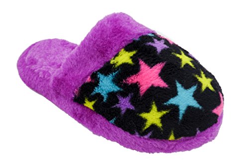 Girls Printed Plush Slippers with Faux Fur Trim and Lining - Assorted Colors