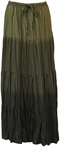 Charunee Women's Freesize Long 4 Tier Dip Dyed 3 Tone Crinkle Boho Gypsy Skirt (Free Size, Khaki Green)