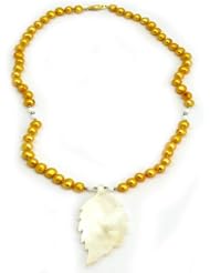 Yellow Freshwater Cultured Pearl Necklace with White Shell Leaf From Aaliyah Hongs New Designer Collection.