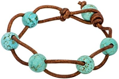 High Quality Genuine Turquoise 6 Stone Bracelet on Brown Leather Cord, 7"