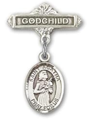 Sterling Silver Baby Badge with St. Agatha Charm and Godchild Badge Pin