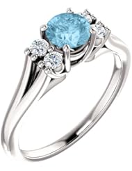 18K White Gold 5.00mm Round Cut Aquamarine and Diamond Ring -- LIFETIME WARRANTY