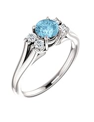 Platinum 5.00mm Round Cut Aquamarine and Diamond Ring -- LIFETIME WARRANTY