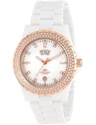 Oniss Paris WomenS ON6200-Lrg Wht Bello Princess Collection Ladies All Ceramic S/S Bezel with 116 Round Crystals Rose Tone Day/Date Swiss Parts Movement Rose Tone Blue Watch