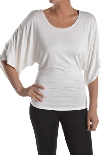 Azules Rayon/ Span Solid Color Tunic Top Fitted Waist Batwing Sleeves, Made in USA