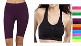 ORANGE/CORAL, Seamless Racerback Sports Bra Exercise Yoga Fitness Top Non-Padded + DARK PURPLE, Knee Length Seamless Stretch Yoga Shorts Capri Dance Under Legging