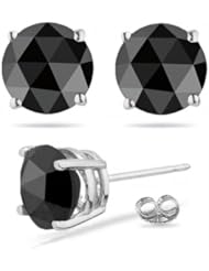 4.00 Cts 7.00-7.40 mm AAA Round Rose Cut Black Diamond Stud Earrings in 14K White Gold {DIAMOND APPRAISAL INCLUDED}