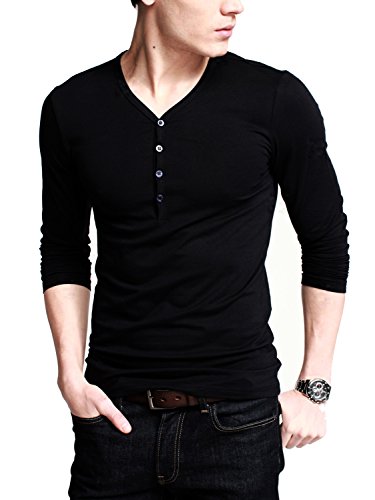 Ilovesia mens henley t-shirts with long sleeve slim fit black siz…