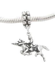 Sterling Silver Three Dimensional Knight Riding on Horse Dangle Bead Charm