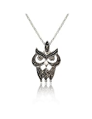 Chuvora 925 Sterling Silver Owl Marcasite Pendant Necklace 16"