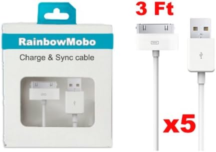 RainbowMOBO 5 Pack [3 Feet] 30-Pin to USB 2.0 Data & Sync Charging Cable Cords for iPhone 4/4S, iPad 2 3, iPod (5 Pack, White)