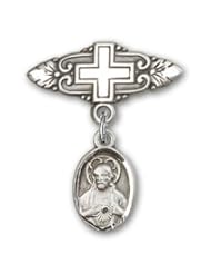 Sterling Silver Baby Badge with Scapular Charm and Badge Pin with Cross