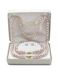 14k Yellow Gold 6-7mm Pink Freshwater Pearl Necklace 18" Length with Bracelet 7" and Stud Earring Sets.