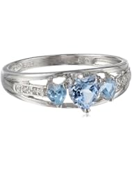 Silver Three Heart Shape Created Aqua with 0.018 Diamonds cttw Ring, Size 7