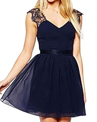 Sexy V-neck Chiffon/Polyester General Print Belted Backless Lace Sleeveless Cocktail  Dress