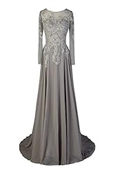 Plus Size A-line Chiffon Lace Applique Beaded Long Sleeves Evening Dress/Mother-of-the-Bride Dress/Party Dress  with a Brush/Sweep Train 
