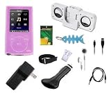 11 Items Accessory Combo Kit for Sony Walkman Video NWZ E-340, NWZ-E344, NWZ-E345 Series: Includes Pink Silicone Skin Case Cover, USB Wall Charger, USB Car Charger, 2in1 USB Cable, 3.5mm Auxillary Cable, Headset, Armband, Belt Clip, LCD Screen Protector, Light Blue Fishbone Style Keychain and Foldable Mini Speakers