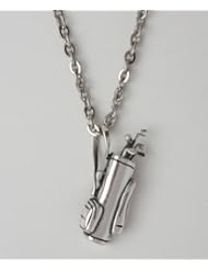 Golf Bag Necklace with Moveable Golf Clubs Sterling Silver on 20 Inch Stainless Steel Flat Link Chain