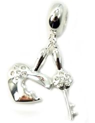 .925 Sterling Silver " Key to My Heart w/ CZ Dangle " Pandora Troll Chamilia Biagi Bead Compatible