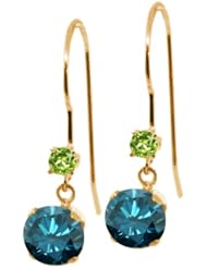 1.24 Ct Round Blue Diamond Green Peridot 14K Yellow Gold Earrings