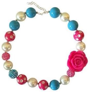 Little Girls Chunky Bubble Gum Necklace - Blue & Pink Polka Dots with Hot Pink Rose