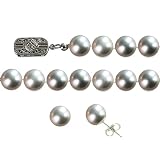 Dreamtime 7.5-8mm Grey Cultured Pearl AS2R2 Strand 14k White Gold Diamond Clasp 18" Necklace Earrings Set - Classic Collection