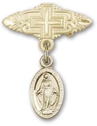 14K Gold Baby Badge with Miraculous Charm and Badge Pin with Cross