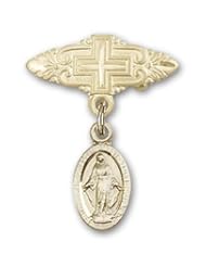Gold Filled Baby Badge with Miraculous Charm and Badge Pin with Cross