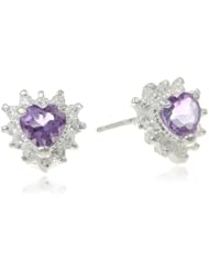 5Mm Heart Shaped Amethyst and Round Cubic Zirconia Sterling Silver Earrings (0.50 Cttw)