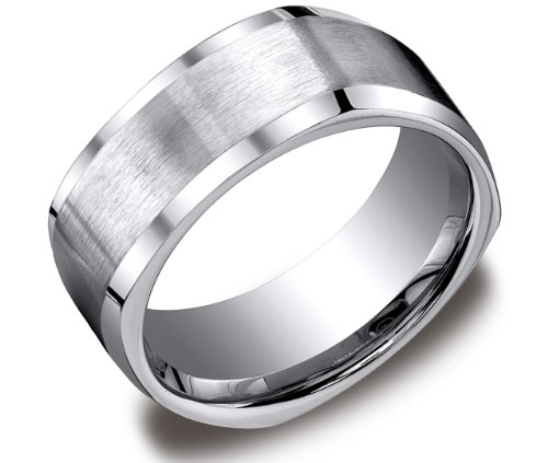 Mens Titanium 9mm Comfort Fit Wedding Ring Band Four Sided with Satin Center High Polish Beveled Edges, Size 11.5