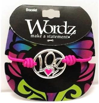 Wordz "Love" Metal Plate On Fuschia Elastic Stretch Bracelet
