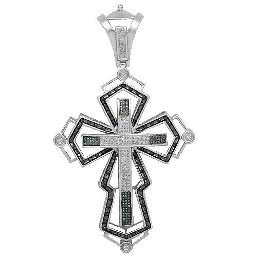 14K White Gold Mens Diamond Cross Pendant with Blue and Black Diamonds 1.41 Ctw