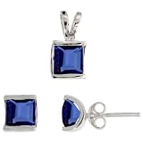 Sterling Silver Square-shaped Stud Earrings (7mm) & Pendant (12mm tall) Set, w/ Princess Cut Blue Sapphire-colored CZ Stones