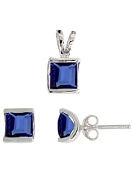 Sterling Silver Square-shaped Stud Earrings (7mm) & Pendant (12mm tall) Set, w/ Princess Cut Blue Sapphire-colored CZ Stones