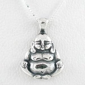 Sitting Buddha Pendant in Sterling Silver on a 16" Box Chain, #8516