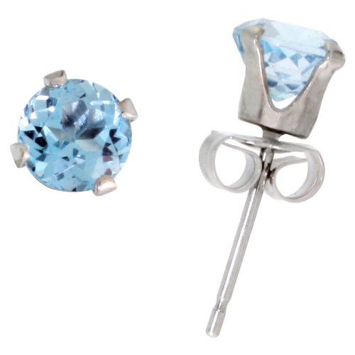 14k White Gold 5mm Brilliant Cut Blue Topaz Stud Earrings