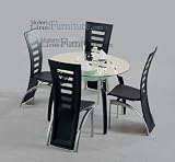 Modern Furniture Round Tempered Glass Dining Table with Black Base with Four Matching Black Dining Chairs