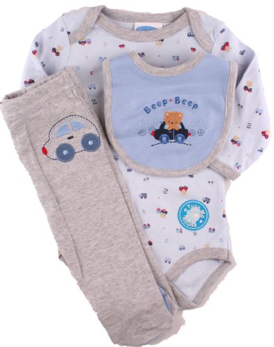 Bon Bebe Newborn Boys Fall/Winter Blue 3 PC Beep Beep Cars Onesie Pant Set-3-6 Months
