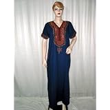 Birthday Gift Navy Blue Red Embroidery Evening Dress Womens Cotton Kaftan Short Sleeve Resort Wear Dress Size L Free Shipping
