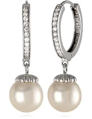 Sterling Silver Cubic Zirconia Hoop Earrings with Simulated Pearl Drop