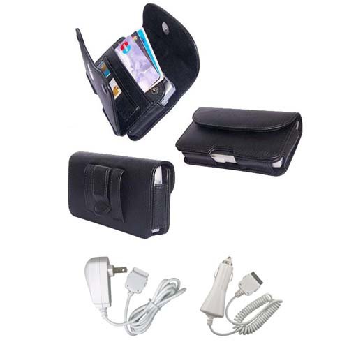 PCMICROSTORE Brand Apple iPhone PDA Premium Black Leather Wallet Carrying Case with Belt Loop and Clip - Include Accessory Compartment - Style H11 - Bundled with 12v Rapid Premium Car Charger and Home Travel Wall Charger
