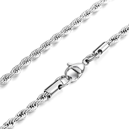Silver 4.0mm Wide Stainless Steel Necklace Rope Twist Chain Link 18~36 Inch