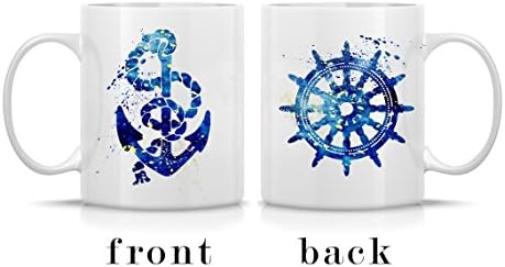 Nautical Anchor &amp; Rope and Ship's Wheel Watercolor Art Print Coffee Mug 11oz, 15oz Dishwasher-Safe, Microwave-Safe