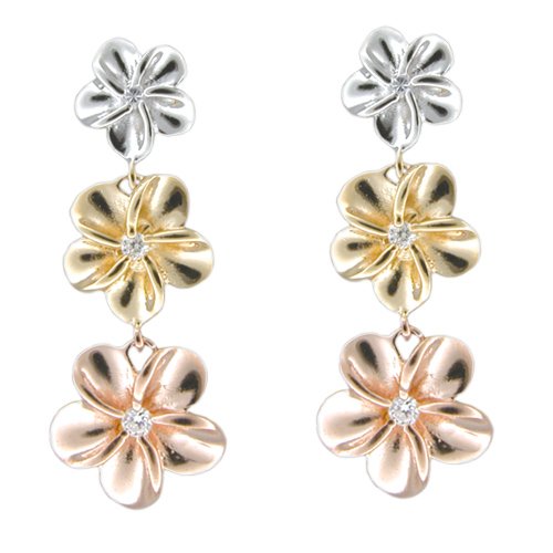 Sterling Silver Tri-color CZ Plumeria Drop Earrings